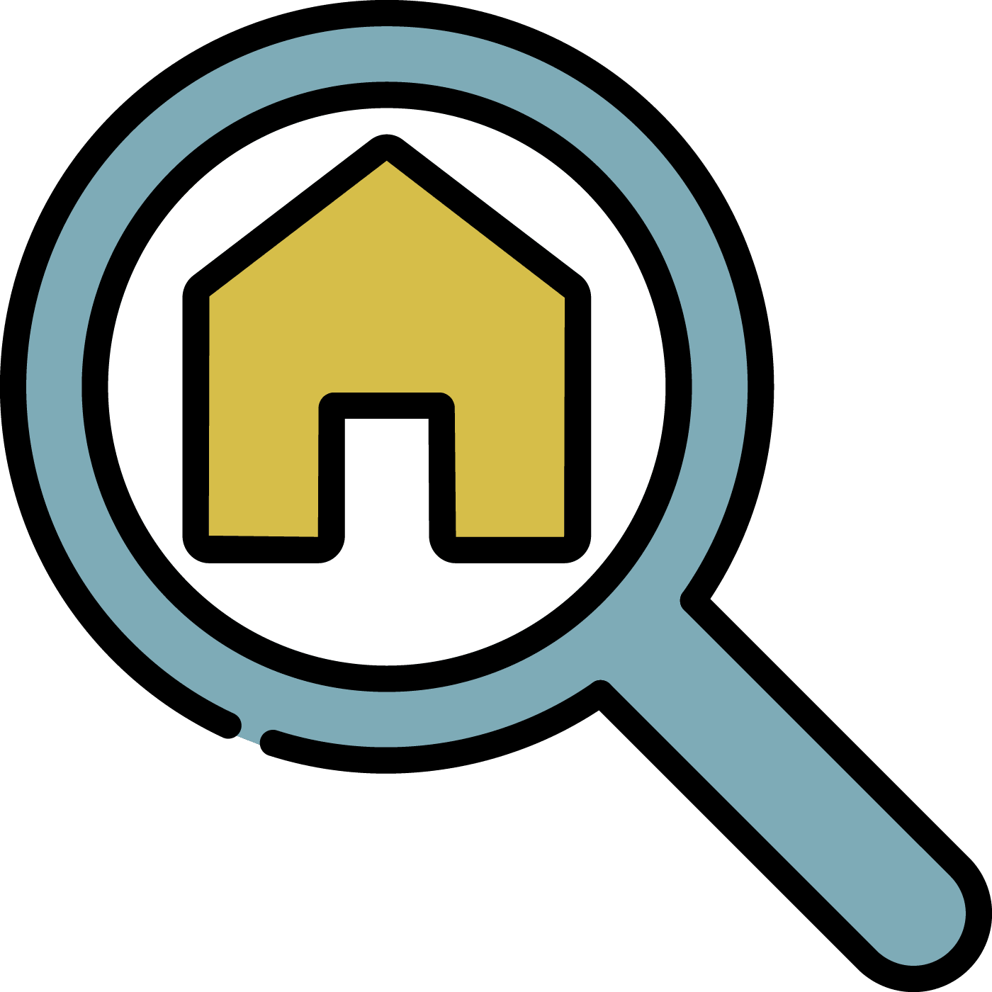 Magnifying glass focusing on a yellow house icon, representing home search